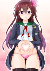 Rule 34 | 1girl, absurdres, black thighhighs, breasts, cowboy shot, crescent, crescent pin, green sailor collar, hair between eyes, hair ornament, heart, heart hands, highres, kantai collection, kisaragi (kancolle), kisaragi kai ni (kancolle), kisaragi mizuto, long hair, medium breasts, navel, neckerchief, panties, purple eyes, purple hair, purple panties, red neckerchief, sailor collar, school uniform, side-tie panties, smile, solo, thighhighs, underwear