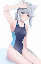 Rule 34 | 1girl, absurdres, animal ear fluff, animal ears, black one-piece swimsuit, blue archive, blue eyes, breasts, competition swimsuit, covered navel, cowboy shot, cross hair ornament, extra ears, grey hair, hair ornament, halo, highres, leaning to the side, low ponytail, medium breasts, medium hair, multicolored clothes, multicolored swimsuit, one-piece swimsuit, penguin potof, shiroko (blue archive), shiroko (swimsuit) (blue archive), simple background, sitting, solo, swimsuit, white background