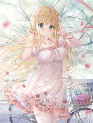 Rule 34 | 1girl, absurdres, arms up, bicycle, bicycle basket, blonde hair, blush, bow, branch, breasts, cleavage, clothing cutout, collarbone, commentary request, cowboy shot, dappled sunlight, dress, fence, floral print, flower, frilled dress, frills, green eyes, hair bow, hands in hair, highres, jewelry, large breasts, leaf, lens flare, light particles, light rays, long hair, looking at viewer, necklace, original, outdoors, parted lips, petals, pink bow, red flower, red ribbon, red rose, ribbon, rose, shoulder cutout, sidewalk, solo, sousouman, standing, sundress, sunlight, thighhighs, tree, white dress, white thighhighs, wind, wrist ribbon, zettai ryouiki