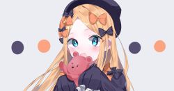 Rule 34 | 1girl, :d, abigail williams (fate), bad id, bad pixiv id, black bow, black dress, black hat, blonde hair, blue eyes, blush, bow, commentary request, dress, fang, fate/grand order, fate (series), forehead, grey background, hair bow, hands up, hat, highres, holding, holding stuffed toy, inana, long hair, long sleeves, looking at viewer, open mouth, orange bow, parted bangs, polka dot, polka dot bow, sleeves past fingers, sleeves past wrists, smile, solo, stuffed animal, stuffed toy, teddy bear