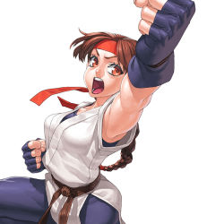Rule 34 | 1girl, attack, belt, braid, breasts, brown eyes, brown hair, clenched hands, dougi, fingerless gloves, gloves, headband, long hair, martial arts belt, open mouth, ryuuko no ken, single braid, snk, solo, spandex, takoyaki neko-san, the king of fighters, the king of fighters xi, upper body, uppercut, yuri sakazaki