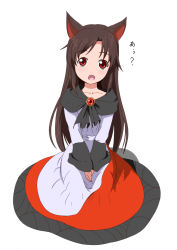 Rule 34 | 1girl, :o, animal ears, brooch, brown hair, dress, fang, hands on lap, head tilt, highres, imaizumi kagerou, jewelry, layered dress, long hair, looking at viewer, own hands together, red eyes, sachishiro pengin, seiza, simple background, sitting, solo, touhou, v arms, white background, wolf ears