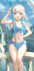 Rule 34 | 1girl, :d, arm up, armpits, bare arms, bare shoulders, bikini, blue bikini, blue eyes, blue hair, blue sky, blunt bangs, building, collarbone, day, dolphenry, female focus, frilled bikini, frills, gawr gura, hair ornament, highres, holding trident, hololive, hololive english, jewelry, light rays, long hair, looking at viewer, multicolored hair, navel, necklace, on railing, open mouth, outdoors, polearm, railing, sharp teeth, sitting, sky, smile, solo, streaked hair, sunbeam, sunlight, swimsuit, teeth, trident, two-tone hair, upper teeth only, virtual youtuber, weapon, white hair