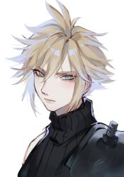 Rule 34 | 1boy, armor, blonde hair, blue eyes, closed mouth, cloud strife, earrings, final fantasy, final fantasy vii, final fantasy vii remake, hair between eyes, highres, honeypinq, jewelry, looking at viewer, male focus, portrait, short hair, shoulder armor, single bare shoulder, single earring, sleeveless, sleeveless turtleneck, solo, spiked hair, turtleneck, upper body, white background