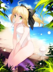Rule 34 | 1girl, ahoge, artist name, artoria pendragon (all), artoria pendragon (fate), beach, black bow, blonde hair, blue sky, blurry, bokeh, bow, cloud, covered collarbone, cowboy shot, day, depth of field, fate/unlimited codes, fate (series), food, from side, glass, green eyes, hair bow, halterneck, highleg, highleg swimsuit, innertube, legs together, looking at viewer, mouth hold, on railing, one-piece swimsuit, outdoors, ponytail, railing, saber lily, shaved ice, sitting, sky, solo, swim ring, swimsuit, thighs, turtleneck, vilor, white one-piece swimsuit