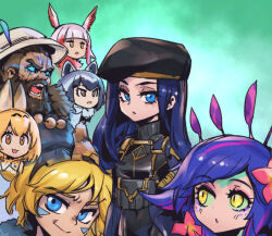 Rule 34 | 2boys, 5girls, :o, alternate costume, beard, black hair, black headwear, blue eyes, caitlyn (league of legends), character request, colored sclera, colored skin, copyright request, ezreal, facial hair, facial tattoo, flower, goggles, goggles on head, green background, green sclera, green skin, hair flower, hair ornament, hat, kemono friends, league of legends, long hair, looking at another, looking at viewer, multiple boys, multiple girls, neeko (league of legends), open mouth, phantom ix row, pink flower, portrait, purple hair, smile, tattoo, udyr, yellow eyes