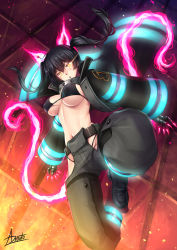 Rule 34 | 1girl, :o, adsouto, baggy pants, bikini, black bikini, black coat, black footwear, black hair, blush, boots, breasts, cleavage, coat, collar, commentary, covered erect nipples, en&#039;en no shouboutai, energy, fiery ears, fiery tail, fire, floating, floating hair, full body, gloves, glowing, glowing eyes, grey pants, groin, hair between eyes, head tilt, highres, hip vent, long hair, long sleeves, looking at viewer, medium breasts, metal gloves, midriff, navel, open clothes, open coat, open mouth, pants, purple fire, revealing clothes, sidelocks, signature, solo, swimsuit, tail, tamaki kotatsu, twintails, underboob, yellow eyes