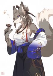 Rule 34 | 1girl, absurdres, animal ears, animal nose, bare shoulders, bead necklace, beads, between fingers, black pants, blue eyes, blue sash, body fur, bracelet, coin, cowboy shot, detached sleeves, eyeshadow, fox ears, fox girl, fox tail, from side, furry, furry female, grey fur, grey hair, hair bun, hair ornament, hair stick, hand up, highres, holding, holding coin, jewelry, kawarage yatano, looking at viewer, makeup, medium hair, multicolored hair, musical note, necklace, original, pants, pawpads, red eyeshadow, sash, shirt, simple background, single hair bun, smile, snout, solo, standing, strapless, strapless shirt, streaked hair, tail, tassel, white background, white shirt