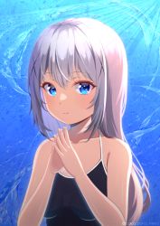 Rule 34 | 1girl, blue background, blue eyes, blue one-piece swimsuit, breasts, gochuumon wa usagi desu ka?, hair ornament, highres, kafuu chino, long hair, looking at viewer, one-piece swimsuit, own hands clasped, own hands together, poka poka neko, school swimsuit, small breasts, smile, solo, steepled fingers, straight hair, swimsuit, twitter username, upper body, very long hair, water, x hair ornament