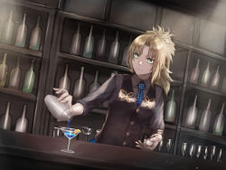 Rule 34 | 1girl, aito, alcohol, blonde hair, blue necktie, bottle, breasts, commentary request, drink, fate/grand order, fate (series), green eyes, highres, holding, indoors, james moriarty (archer) (fate), long hair, looking at viewer, medium breasts, mordred (fate), mordred (fate/apocrypha), necktie, ponytail, smile, solo, two-tone necktie, two-tone neckwear, upper body, white necktie, working