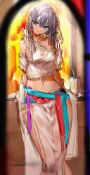 Rule 34 | 1girl, arabian clothes, bare shoulders, blue eyes, bra, closed mouth, collarbone, cup, dark skin, disposable cup, drinking straw, earrings, enj!, grey hair, head tilt, highres, jewelry, leaning back, long hair, looking at viewer, midriff, navel, original, pelvic curtain, revealing clothes, see-through, solo, underwear, veil, white bra