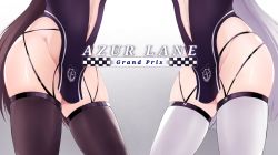 Rule 34 | 1girl, aderi, azur lane, bare hips, black thighhighs, brown hair, center opening, clothes writing, contrapposto, copyright name, gradient background, grey background, groin, lower body, navel, race queen, revealing clothes, shoukaku (azur lane), shoukaku (sororal wings) (azur lane), silver hair, skindentation, solo, thighhighs, white thighhighs, zuikaku (azur lane), zuikaku (the wind&#039;s true name) (azur lane)