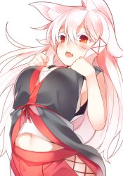 Rule 34 | 1girl, animal ears, bad id, bad pixiv id, borrowed character, breasts, fang, fox ears, hair between eyes, hair flaps, hair ribbon, half-closed eyes, hands up, japanese clothes, large breasts, long hair, navel, open mouth, original, otokuyou, red eyes, red ribbon, ribbon, simple background, smile, solo, upper body, white background, white hair