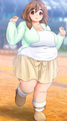 Rule 34 | 1girl, belly, breasts, brown hair, cleavage, eno konoe, fat, large breasts, looking at viewer, mikomu, open mouth, original, red eyes, skirt, smile, solo, standing, thick eyebrows, thick thighs, thighs