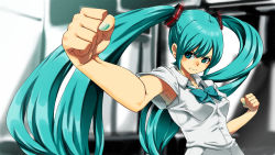 Rule 34 | 1girl, aqua eyes, aqua hair, aqua nails, armpits, bow, bowtie, clenched hand, clenched hands, fighting stance, foreshortening, hatsune miku, highres, long hair, martial arts, nail polish, pizzadev, school uniform, solo, twintails, very long hair, vocaloid, wallpaper
