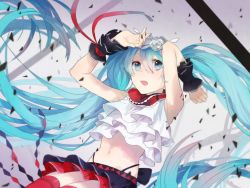 Rule 34 | 1girl, aqua eyes, aqua hair, arms up, hatsune miku, highres, long hair, looking at viewer, midriff, moegi0926, navel, open mouth, red thighhighs, skirt, solo, thighhighs, twintails, very long hair, vocaloid