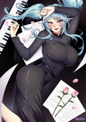 Rule 34 | 1girl, :d, arm over head, artist name, black dress, blue eyes, blue hair, breasts, curvy, dress, epsilon (kage no jitsuryokusha ni naritakute!), fingernails, flower, highres, huge breasts, instrument, kage no jitsuryokusha ni naritakute!, long hair, looking at viewer, lying, mibry (phrysm), on side, open mouth, petals, piano, piano keys, sheet music, smile, solo, twintails