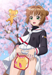 Rule 34 | 1girl, :d, antenna hair, black shirt, blue sky, blurry, blurry background, brown hair, cardcaptor sakura, censored, character censor, clothes lift, clothing aside, commentary, day, depth of field, double bun, green eyes, hair bun, hair intakes, highres, kero (cardcaptor sakura), kinomoto sakura, long sleeves, novelty censor, open mouth, outdoors, panties, panties aside, petals, pink panties, pleated skirt, puffy long sleeves, puffy sleeves, sailor collar, school uniform, serafuku, shirt, skirt, skirt lift, sky, smile, standing, tooo, tree, underwear, white sailor collar, white skirt