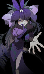 Rule 34 | 1girl, absurdres, black hair, blush, china dress, chinese clothes, dress, feet out of frame, flower, flower on head, foreshortening, gloves, highres, long hair, open mouth, purple dress, purple eyes, purple flower, purple gloves, reaching, reaching towards viewer, short sleeves, signature, single glove, smile, sokura (mochichitose), solo, touhou, unfinished dream of all living ghost, vine print, yomotsu hisami