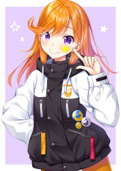 Rule 34 | 1girl, birthday, commentary request, highres, jacket, long hair, looking at viewer, love live!, love live! superstar!!, orange hair, orange pantyhose, pantyhose, purple eyes, saikyo pink fp, shibuya kanon, smile, solo, star (symbol), star tattoo, tattoo