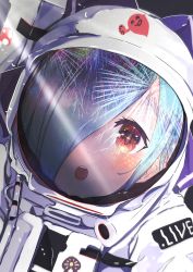 Rule 34 | .live, 1girl, absurdres, blue hair, blush, close-up, copyright name, facing viewer, fireworks, hair over one eye, highres, long hair, mushroom, open mouth, red eyes, reflection, round teeth, solo, spacesuit, suzushika (13 96), teeth, virtual youtuber, yamato iori