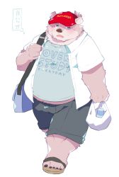 Rule 34 | 1boy, animal ears, animal nose, bag, bara, baseball cap, bear boy, bear ears, belly, black nails, blush, chest tuft, clothes writing, collared shirt, english text, fang, full body, furry, furry male, green eyes, hat, highres, holding, holding bag, jambavan (housamo), male focus, midriff peek, open mouth, pink fur, plastic bag, ponytail, red hat, sandals, shirt, shirt under shirt, short hair, shorts, shoulder bag, simple background, solo, starparlor, sweat, tokyo houkago summoners, translated, walking, white background