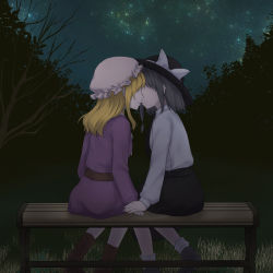 Rule 34 | 2girls, bare tree, belt, bench, black belt, black headwear, black skirt, blonde hair, boots, bow, brown footwear, commentary request, couple, dress, faceless, faceless female, fedora, feet out of frame, female focus, forest, from behind, grass, grey footwear, grey hair, holding hands, hat, hat bow, kiss, long hair, long sleeves, maribel hearn, mob cap, monrooru, multiple girls, nature, night, night sky, outdoors, profile, purple dress, shirt, shoes, short hair, side-by-side, sidelocks, sitting, skirt, sky, socks, star (sky), starry sky, touhou, tree, usami renko, white bow, white headwear, white legwear, white shirt, yuri