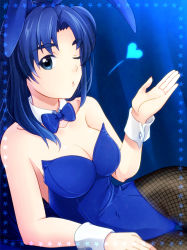 Rule 34 | 1girl, ;o, animal ears, asakura ryouko, bare arms, bare shoulders, black pantyhose, blowing kiss, blue background, blue bow, blue bowtie, blue eyes, blue hair, blue leotard, blue theme, bow, bowtie, breasts, cleavage, detached collar, fake animal ears, female focus, fishnet pantyhose, fishnets, half updo, heart, leotard, long hair, looking at viewer, medium breasts, nao (doublexdutch), neck, one eye closed, open mouth, pantyhose, parted bangs, playboy bunny, rabbit ears, solo, star (symbol), strapless, strapless leotard, suzumiya haruhi no yuuutsu, thick eyebrows, thighs, wink, wrist cuffs