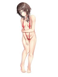 Rule 34 | 1girl, absurdres, alternate costume, bare legs, barefoot, blush, breasts, brown hair, cameltoe, cleavage, closed mouth, commentary, embarrassed, full body, gluteal fold, head tilt, highres, kono subarashii sekai ni shukufuku wo!, looking at viewer, medium hair, megumin, midriff, navel, nokonoke, one-piece swimsuit, red eyes, red one-piece swimsuit, revealing clothes, short hair with long locks, simple background, slingshot swimsuit, small breasts, solo, standing, swimsuit, thigh gap, wavy mouth, white background