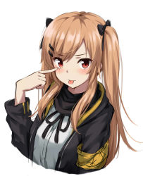 Rule 34 | 1girl, akanbe, armband, black bow, black jacket, black ribbon, blush, bow, breasts, closed mouth, commentary request, dress shirt, eyelid pull, fingernails, girls&#039; frontline, hair between eyes, hair bow, hair ornament, hairclip, hand up, jacket, kohakope, light brown hair, long hair, neck ribbon, open clothes, open jacket, red eyes, ribbon, shirt, simple background, sketch, small breasts, solo, tongue, tongue out, twintails, ump9 (girls&#039; frontline), upper body, very long hair, white background, white shirt