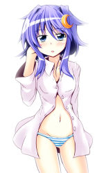 Rule 34 | 10s, 1girl, blue eyes, blush, crescent, crescent hair ornament, dress shirt, hair ornament, ichimi, kantai collection, light purple hair, looking at viewer, navel, no pants, open mouth, panties, shirt, short hair, short hair with long locks, solo, striped clothes, striped panties, underwear, white background, yayoi (kancolle)