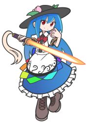 Rule 34 | 1girl, black headwear, blue hair, blue skirt, boots, bow, bowtie, closed mouth, cross-laced clothes, cross-laced footwear, food, frilled skirt, frills, fruit, full body, grey footwear, hinanawi tenshi, holding, holding sword, holding weapon, lace-up boots, leaf, long hair, looking at viewer, parody, peach, puyopuyo, red bow, red bowtie, red eyes, shinmon akika, shirt, short sleeves, simple background, skirt, smile, solo, style parody, sword, sword of hisou, touhou, weapon, white background, white shirt