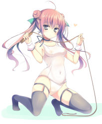 Rule 34 | 1girl, ahoge, black eyes, black thighhighs, breasts, bridal garter, brown hair, casual one-piece swimsuit, choker, covered erect nipples, covered navel, double bun, full body, garter straps, hair bun, heart, kaniya shiku, kneeling, looking at viewer, nipples, one-piece swimsuit, original, ribbon choker, school swimsuit, school uniform, see-through, skin tight, small breasts, solo, swimsuit, thighhighs, whip, white background, white school swimsuit, white one-piece swimsuit