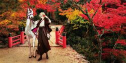 Rule 34 | 1boy, autumn, autumn leaves, blue eyes, bridge, chinese clothes, expressionless, fate/grand order, fate (series), full body, grey hair, hair between eyes, highres, horse, hou (hachiyou), leaf, long sleeves, looking at viewer, male focus, maple leaf, nature, official art, open clothes, outdoors, photo background, prince of lan ling (fate), prince of lan ling (under the same sky) (fate), short hair, solo, tassel, tree