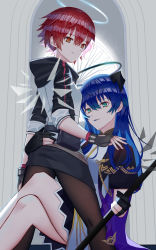Rule 34 | 2girls, absurdres, alternate costume, arknights, belt, black belt, black gloves, black legwear, black skirt, blue eyes, blue hair, brown eyes, chinese commentary, commentary request, crossed legs, exusiai (arknights), fingerless gloves, gloves, hair between eyes, halo, highres, holding, holding staff, horns, jacket, looking at viewer, miniskirt, mostima (arknights), mostima (spellbreaker) (arknights), multiple girls, official alternate costume, pantyhose, pouch, raglan sleeves, red hair, short hair, short sleeves, sitting, skirt, staff, syouko jiaozijun, white jacket