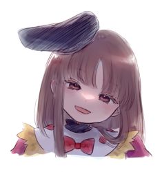 Rule 34 | 1girl, :d, banned artist, black hat, bow, bowtie, brown eyes, cropped shoulders, dress, hat, head tilt, highres, long hair, looking at viewer, nishida satono, open mouth, portrait, red bow, red bowtie, short hair with long locks, sidelocks, simple background, smile, solo, tamazusa, tate eboshi, touhou, upper body, white background, white dress