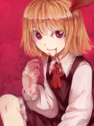 Rule 34 | 1girl, 3d (artist), blonde hair, blood, blood on clothes, blood on face, embodiment of scarlet devil, female focus, red eyes, ribbon, rumia, smile, solo, suna (s73d), touhou