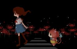 Rule 34 | 10s, 1girl, black background, blue skirt, cat, crosswalk, emi-chan, flame-tipped tail, flower, haramaki, jibanyan, looking back, multiple tails, notched ear, pleated skirt, profile, school uniform, serafuku, skirt, spider lily, standing, tail, two tails, umi (srtm07), traditional youkai, youkai watch