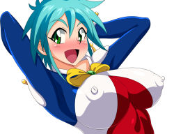 Rule 34 | 1girl, allenby beardsley, arms behind head, arms up, blue bodysuit, blue hair, bodysuit, breasts, covered erect nipples, g gundam, green eyes, gundam, impossible bodysuit, impossible clothes, kani club, large breasts, looking at viewer, mobile trace suit, multicolored bodysuit, multicolored clothes, open mouth, red bodysuit, retro artstyle, shiny skin, short hair, skin tight, smile, solo, upper body