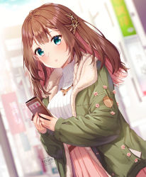 Rule 34 | 1girl, artist name, blurry, blurry background, blush, breasts, brown hair, cellphone, commentary, depth of field, fingernails, flower, green eyes, green jacket, hair behind ear, hair ornament, holding, holding phone, jacket, long hair, long sleeves, looking at viewer, medium breasts, multicolored hair, nail polish, open clothes, open jacket, original, parted lips, phone, pink flower, pink hair, pink nails, pink skirt, pleated skirt, ribbed sweater, rosuuri, sidelocks, skirt, sleeves past wrists, smartphone, solo, sweater, turtleneck, turtleneck sweater, two-tone hair, watermark, web address, white sweater
