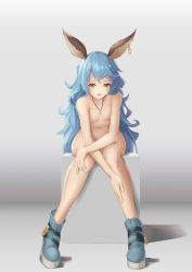 Rule 34 | 1girl, :d, animal ears, bell (angelicalary), blue footwear, blue hair, blush, boots, breasts, commentary request, convenient arm, earrings, erune, ferry (granblue fantasy), granblue fantasy, hair between eyes, hand on own knee, hand on own leg, highres, jewelry, knees together feet apart, leaning forward, legs, long hair, looking at viewer, naked boots, navel, necklace, nude, open mouth, platform boots, platform footwear, single earring, sitting, small breasts, smile, solo, very long hair, yellow eyes