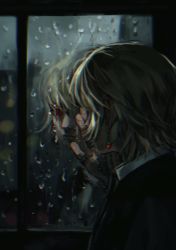 Rule 34 | 1boy, black jacket, black necktie, black suit, blonde hair, chain, closed mouth, cloud, cloudy sky, collared shirt, crying, crying with eyes open, earrings, facing away, formal, hair between eyes, hand on window, highres, hunter x hunter, indoors, jacket, jewelry, kurapika, lips, looking outside, male focus, necktie, rain, red eyes, reflection, ring, shirt, short hair, sky, solo, suit, tears, thumb ring, umi (k mpk), upper body, water drop, white shirt, window
