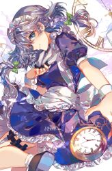 Rule 34 | 1girl, apron, ayatsuki sugure, black footwear, blue eyes, blue shirt, blue skirt, bow, braid, clock, green bow, grey hair, hair bow, highres, holding, holding knife, holster, izayoi sakuya, knife, knife sheath, maid apron, maid headdress, pocket watch, puffy short sleeves, puffy sleeves, sheath, shirt, short sleeves, skirt, socks, solo, thigh holster, touhou, twin braids, watch, weapon in garters, white socks, wristband