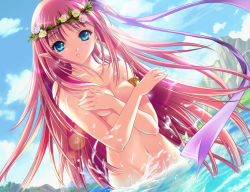 Rule 34 | 1girl, armlet, blue eyes, blush, breast hold, breasts, cloud, covering privates, day, elf, game cg, hair ornament, hair ribbon, head wreath, long hair, medium breasts, navel, nude, pink hair, pointy ears, ribbon, sky, solo, very long hair, water, wonderland online