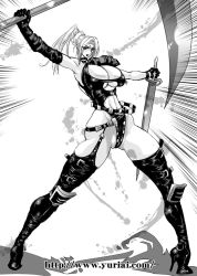 Rule 34 | 1girl, armor, bad anatomy, belt, boots, breasts, buckle straps, cameltoe, circlet, cleavage, cleavage cutout, clothing cutout, elbow gloves, garter belt, gloves, greyscale, high heels, huge breasts, leather, leather armor, legs, leotard, long legs, midriff, monochrome, ninja gaiden, ninja gaiden sigma, ninja gaiden sigma 2, one-piece swimsuit, ponytail, rachel (ninja gaiden), scythe, shoes, shoulder armor, sketch, solo, pauldrons, strap, studded leather, swimsuit, sword, thigh boots, thighhighs, thighs, watermark, weapon, yuri ai