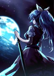 Rule 34 | 1girl, blue hair, bow, breasts, cowboy shot, earth (planet), from behind, hair bow, long hair, nooca, ponytail, sketch, skirt, solo, space, sword, touhou, vest, watatsuki no yorihime, weapon