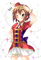 Rule 34 | 1girl, brown hair, cowboy shot, green eyes, grin, hair between eyes, idolmaster, idolmaster cinderella girls, jacket, one eye closed, red jacket, rocomani, short hair, short shorts, short sleeves, shorts, smile, solo, standing, tada riina, white background, white shorts, wrist cuffs
