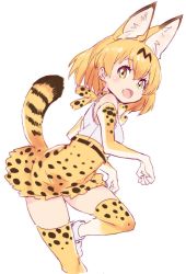 Rule 34 | 10s, 1girl, animal ears, bad id, bad twitter id, bare shoulders, blonde hair, blush, cat ears, cat tail, elbow gloves, from side, gloves, hair between eyes, kawata hisashi, kemono friends, looking at viewer, looking to the side, open mouth, serval (kemono friends), serval tail, short hair, simple background, skirt, sleeveless, smile, solo, tail, thighhighs, white background, yellow eyes