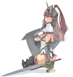 Rule 34 | 1girl, armor, blue eyes, boots, breasts, gauntlets, glasses, helm, helmet, highres, horns, kneeling, knight, kouno (masao), large breasts, long hair, original, revision, shield, simple background, single horn, solo, sword, thighhighs, underboob, weapon