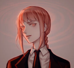 Rule 34 | 1girl, black necktie, black suit, braid, braided ponytail, chainsaw man, chinese commentary, commentary request, czy (2894456992), formal, highres, makima (chainsaw man), necktie, orange eyes, parted lips, portrait, profile, red hair, ringed eyes, sidelocks, single braid, solo, suit